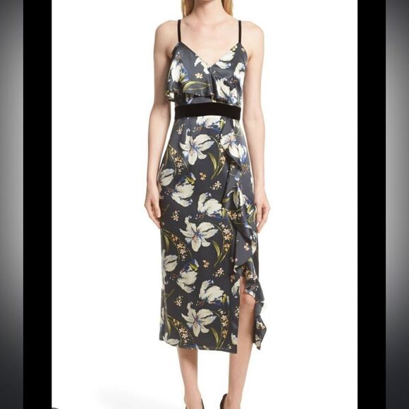 Cinq a Sept Leena Silk Floral Midi Dress 0 - Picture 1 of 8